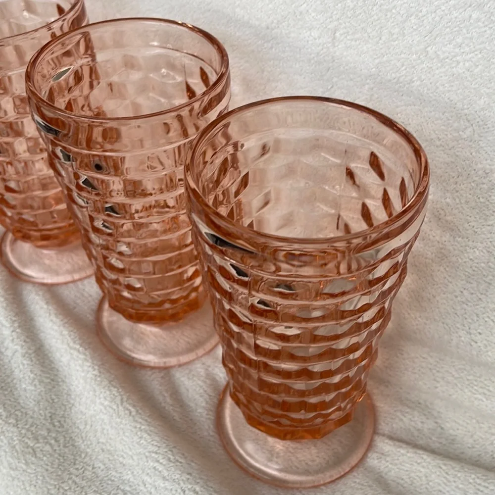 Vtg 4 Indiana Whitehall Peach Pink Ice Tea  Cooler Drinking Glasses Cubist - Picture 6 of 14